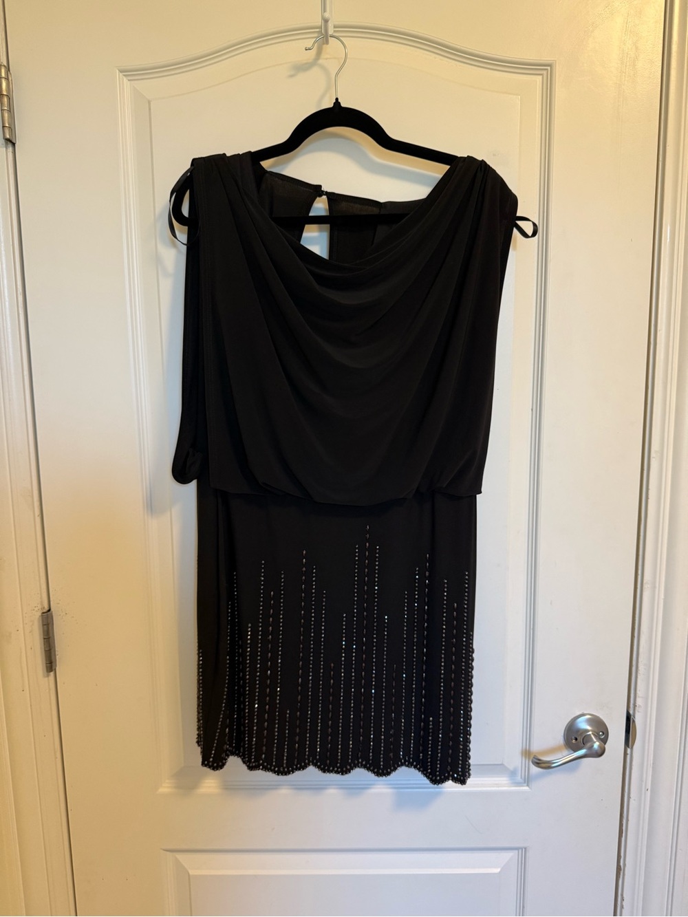 Black Draped Evening Mini Dress with Beaded Hem